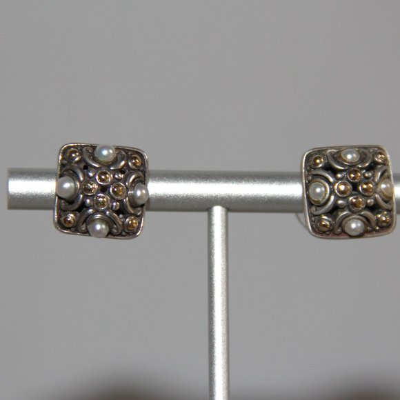 John Hardy Jaisalmer 18k Gold Sterling Silver Pearl Dot Square Earrings. RARE - Picture 4 of 12